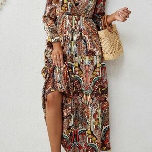 Women's Ethnic Pattern Belted Wrap V Neck A line dress HoBo Fashion
